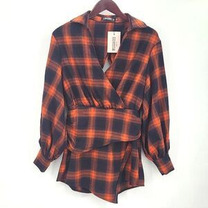 Missguided Petites Wrap Playsuit Size 2 Women Orange Black Plaid Brushed Flannel
